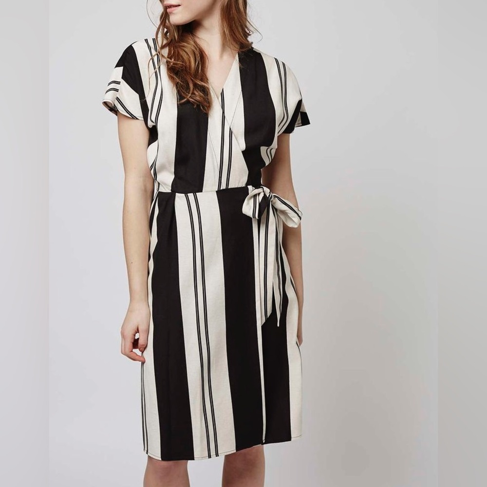 TOPSHOP Linen Blend Striped Wrap Midi Dress Size 2 Black & Off-White